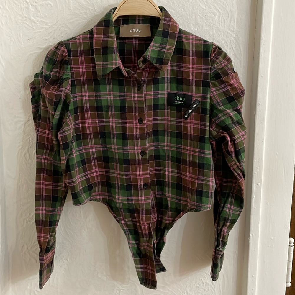 CHUU Women's Tie Front Plaid Cropped Shirt Size 165/84A (US S) In Multi